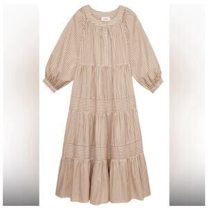 THE GREAT. Patio Tiered Swingy Blouson Maxi Dress in Cream Malt Stripe 0 Small